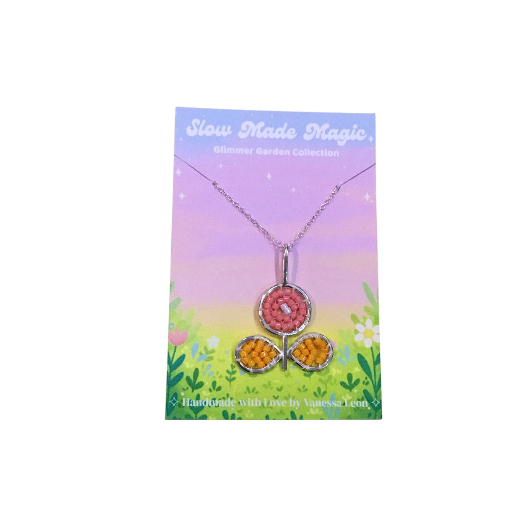 Round Flower Pendant Necklace - Pink and Yellow