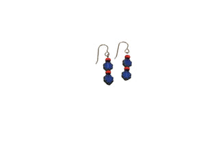 Denim blue & red Czech glass earrings