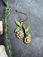 Sunflower Dangle Earrings, Botanical Floral Brass Drop