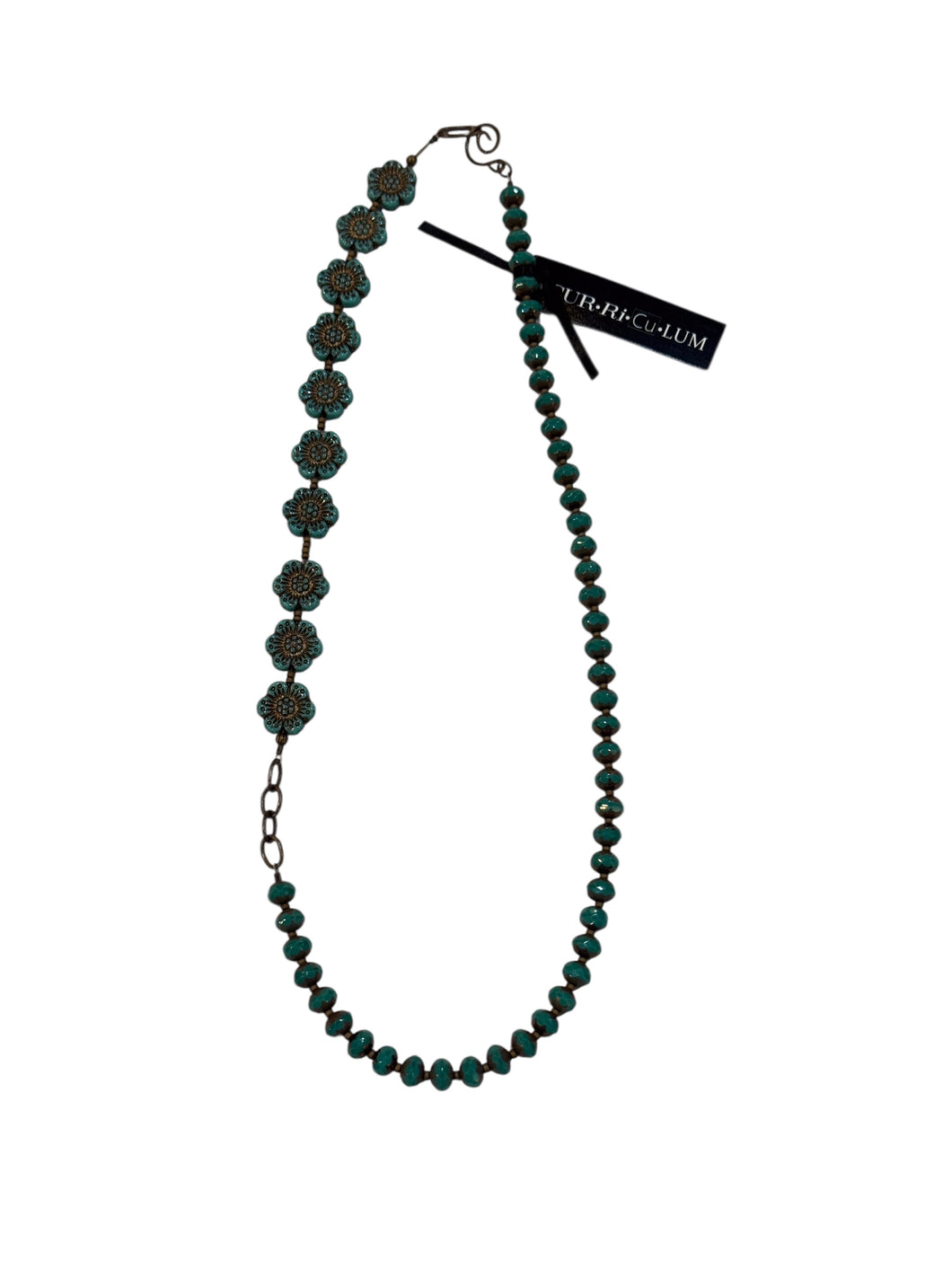 Teal and Copper Wild Rose Czech Glass with Side-Clasp Necklace - 19