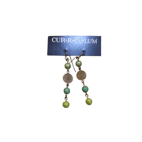 Green Mixed Czech Glass and Brass Shield Earrings