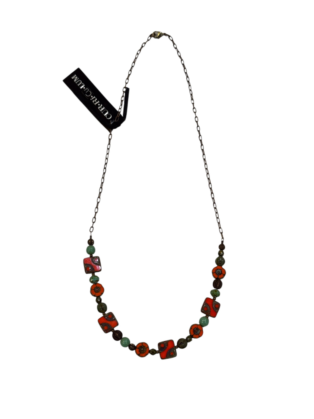 Orange Funky Square, Flower and Green Mixed Czech Glass Necklace - 17