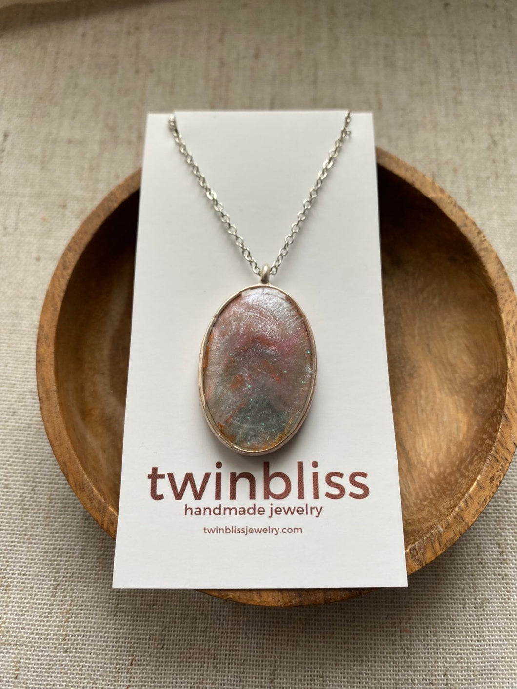 Large Lavender/Copper Oval on Silver Chain Necklace