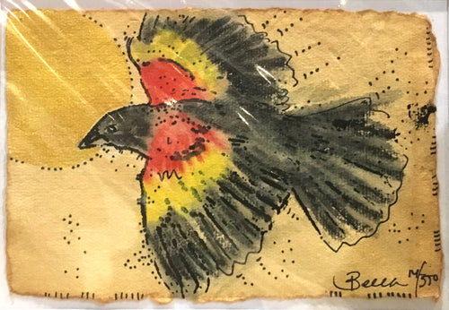 Red winged black bird gold moon
