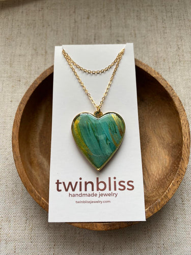 Gold/Green/Blue Heart on Gold Chain Necklace