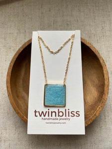 Blue Square on Gold Chain Necklace