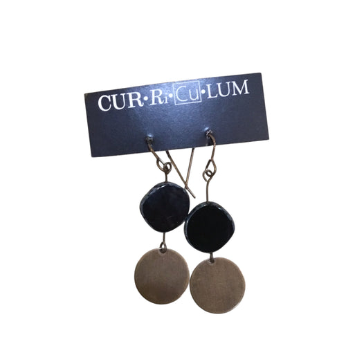 Black Flat Slab Czech Glass With Brass Circle Earrings