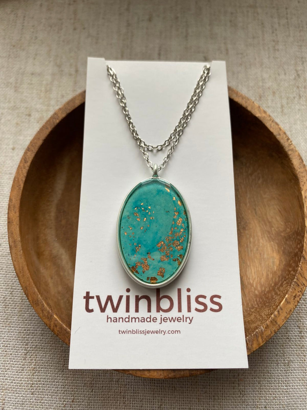 Large Silver/Green/Copper Oval on Silver Chain Necklace