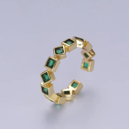 Chained Green Emerald Square Cz Gold Chain Ring