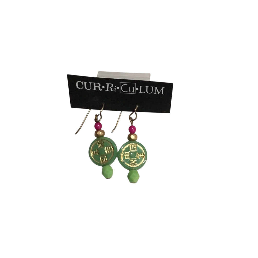 Green Coin with Pink Czech Glass Earrings