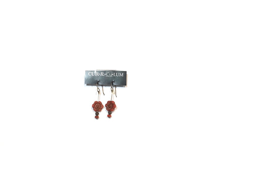Brick-Red and Wild Rose Earrings--Czech Glass Beads