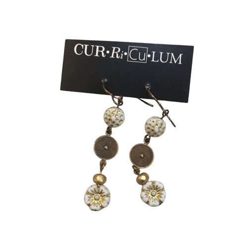 White Flower & Dotted Czech Glass Brass Shield Earrings