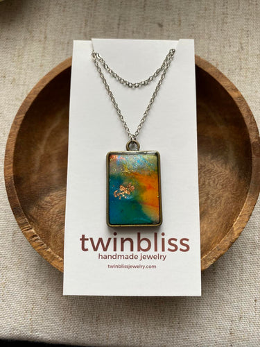 Abstract Art Square on Silver Chain Necklace