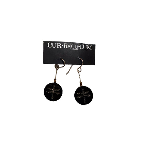Black Dragonfly and Brass Bead Earrings--Czech Glass Beads