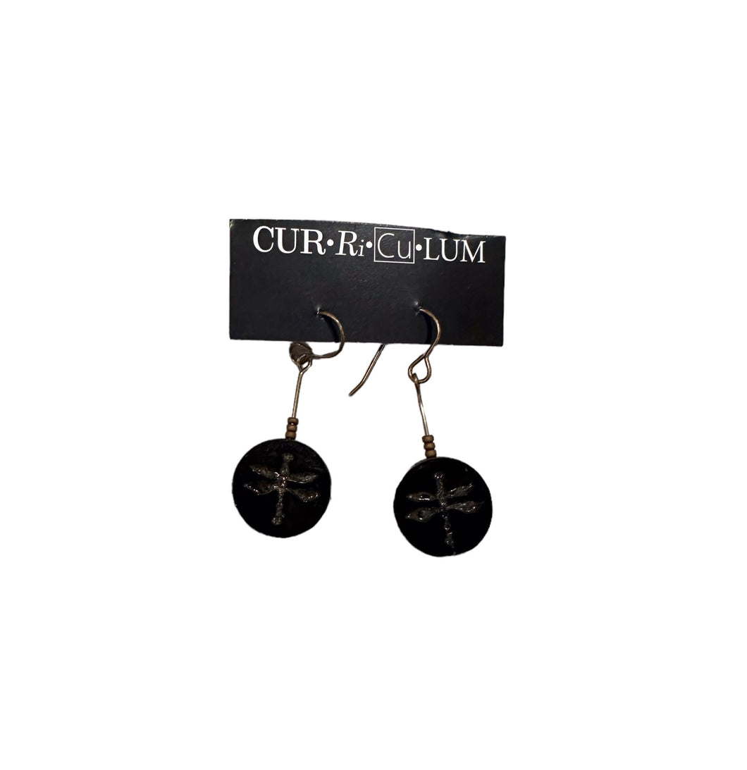 Black Dragonfly and Brass Bead Earrings--Czech Glass Beads