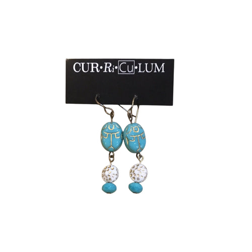 Aqua Scarab With White And Gold Czech Glass Earrings