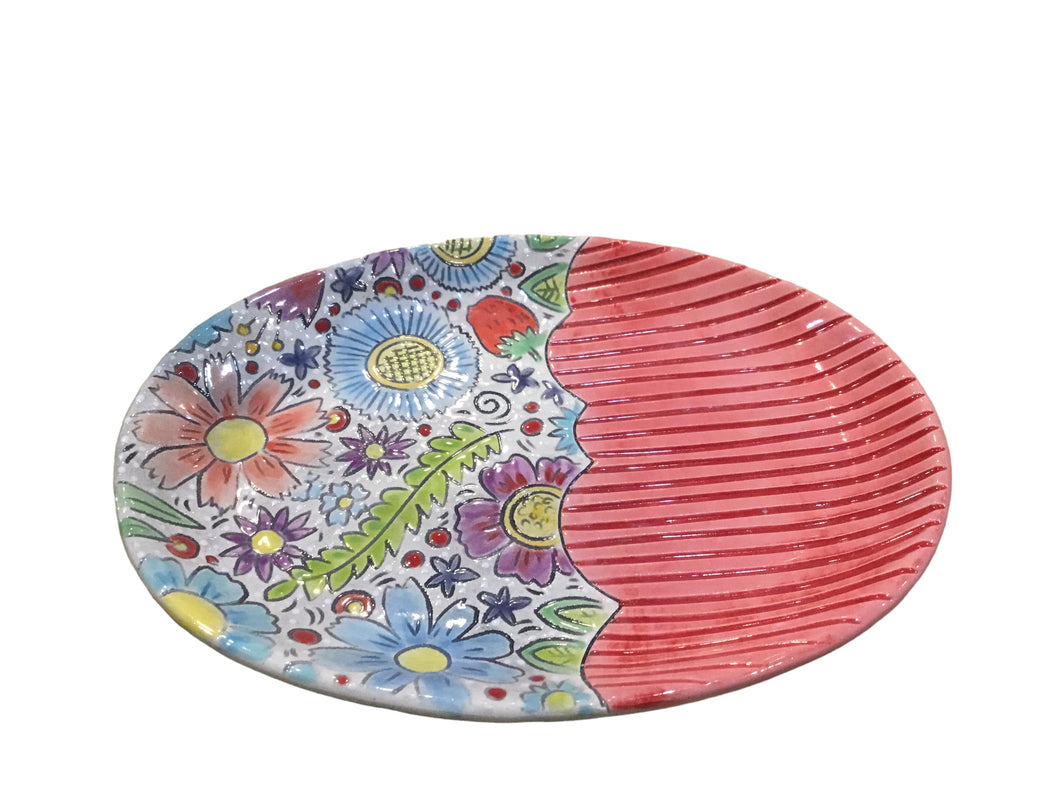 Oval Dish with Red Stripes and Flowers