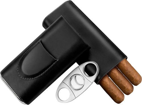 Genuine Leather Cigar Case, Wood Lined Humidor with Cutter - Black