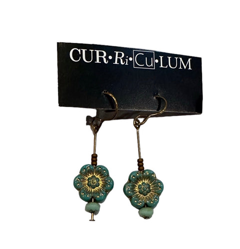Teal Wild Rose Drop Earrings--Czech Glass Beads