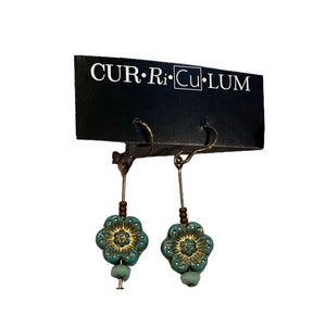 Teal Wild Rose Drop Earrings--Czech Glass Beads
