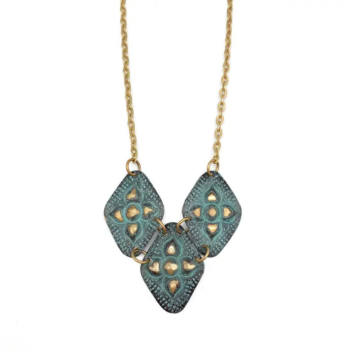 Brass patina necklace - Aqua diamonds with Arabic flowers