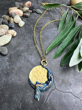 Moon Goddess Necklace, Celestial Brass Pendant with Blue