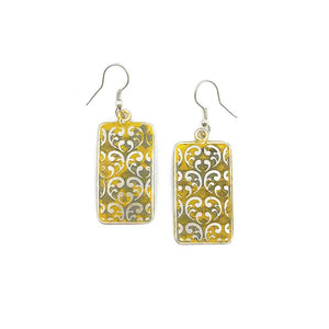 Silver patina earrings-yellow ornate rectangle