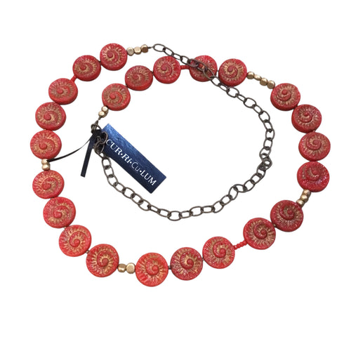 Red Fossile Shell With Gold Czech Glass Necklace