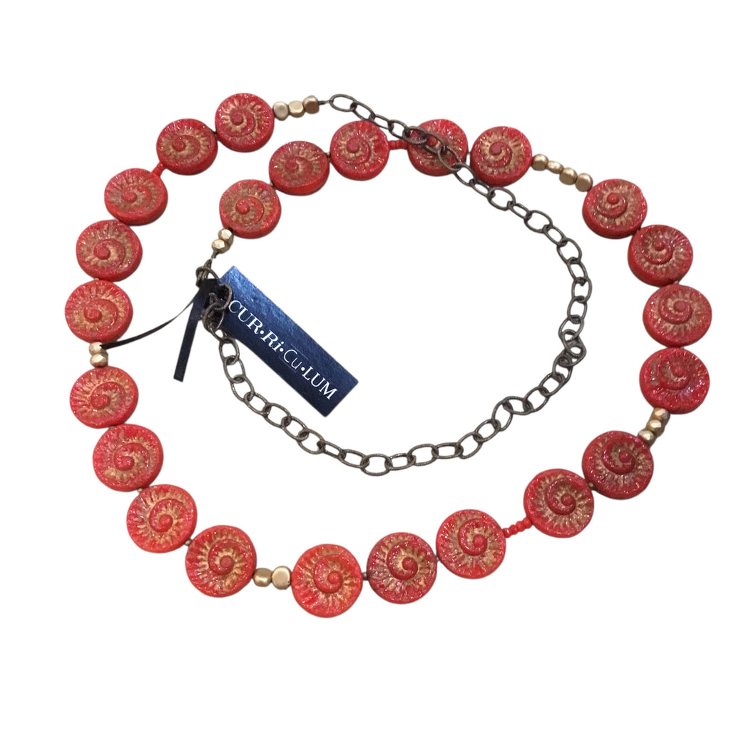 Red Fossile Shell With Gold Czech Glass Necklace