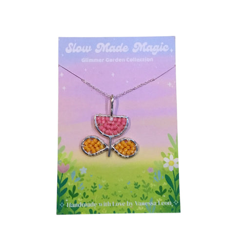 Half Circle Flower Pendant Necklace - Pink and Yellow
