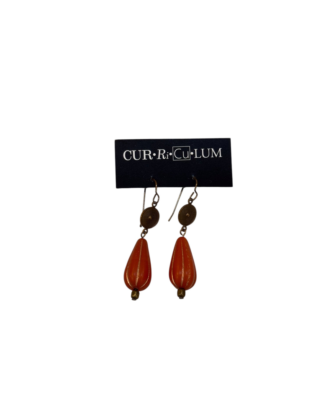 Orange and Gold Drop Czech Glass with Brass Medallion Earrings