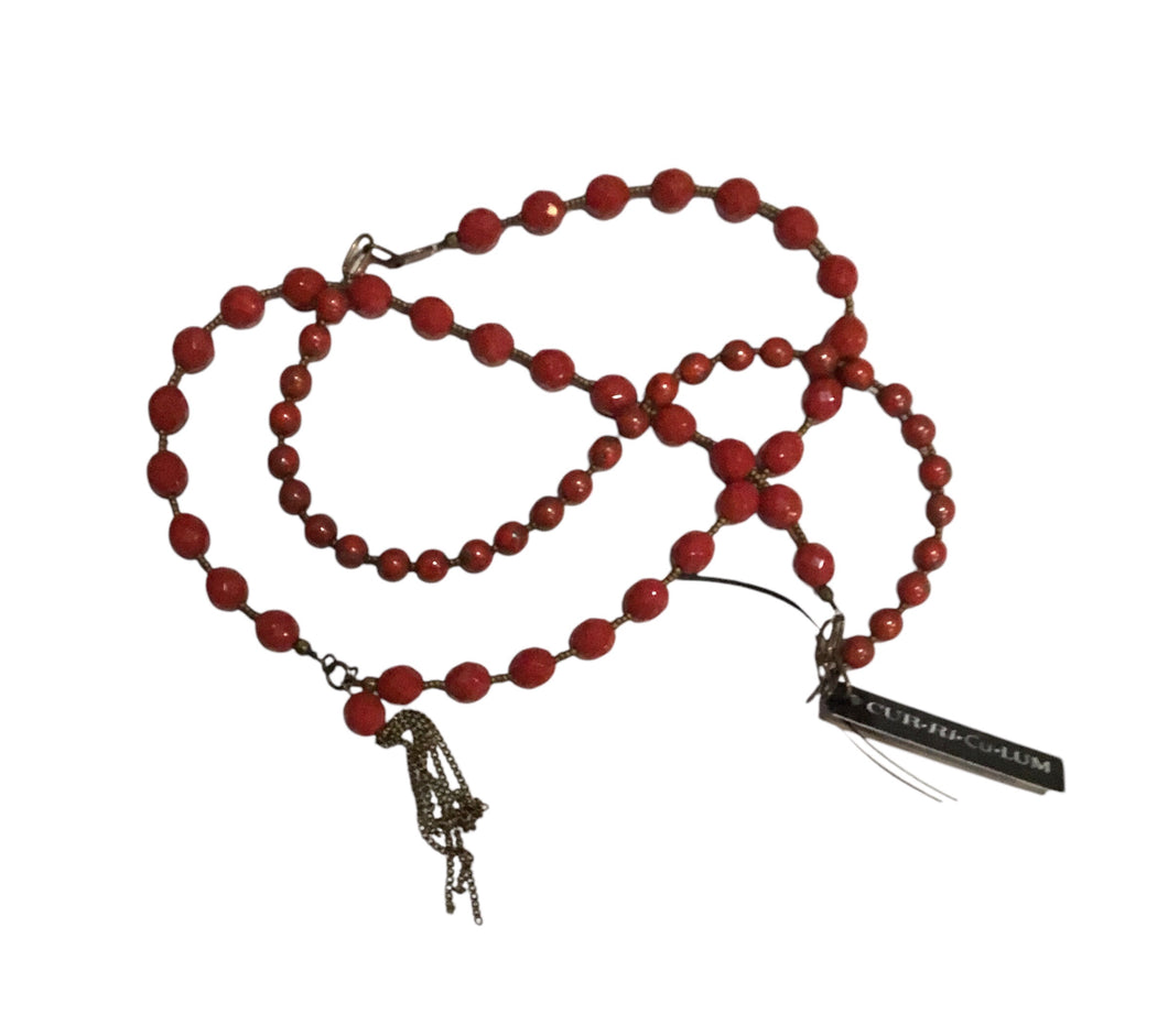 Red Faceted Round Czech Glass Long Tassel Necklace 36