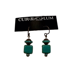 Teal Square and Saturn Bead Earrings--Czech Glass Beads