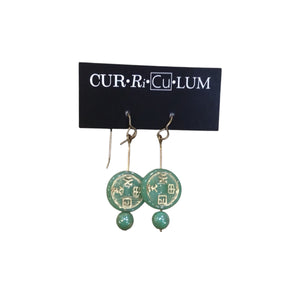 Green Coin with Gold Czech Glass Earrings