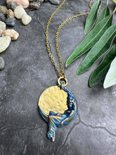 Moon Goddess Necklace, Celestial Brass Pendant with Blue
