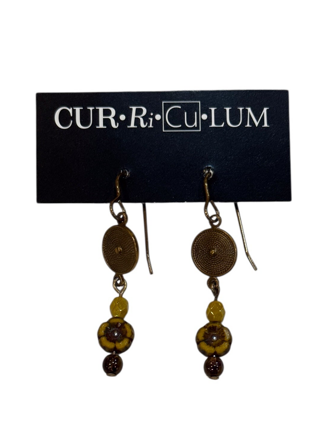 Mini Yellow Flower Czech Glass and Brass Medallion Earrings