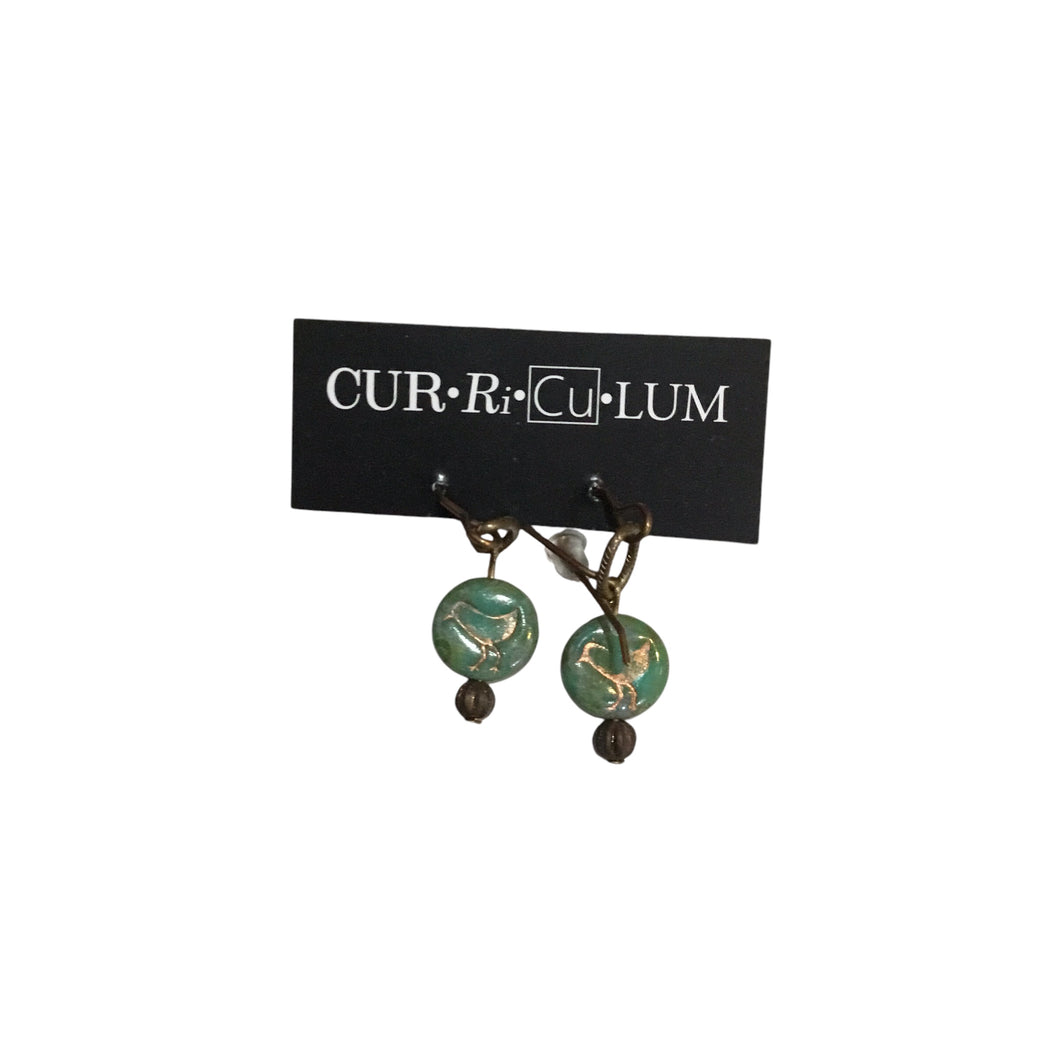 Green with Copper Bird Czech Glass Earrings