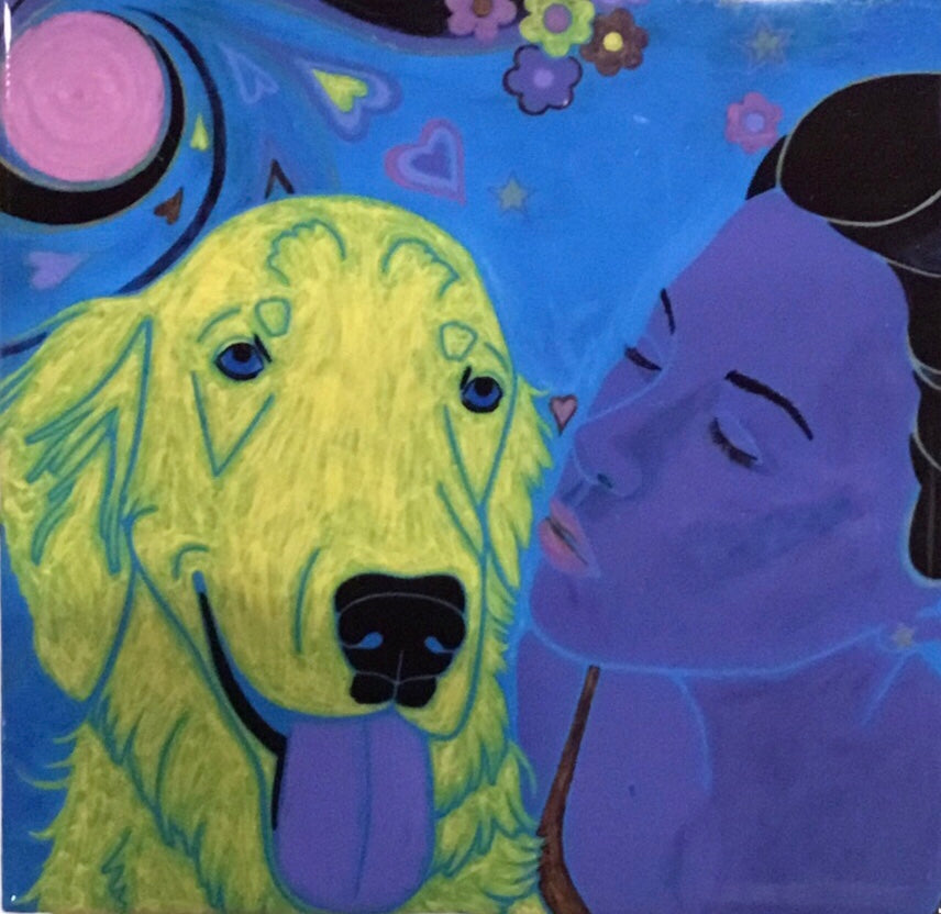 Yellow Dog & Purple Woman Kiss Coaster