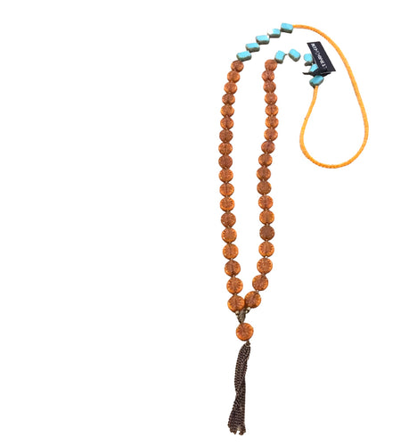 Orange starburst and teal table cut Czech bead long necklace with tassel 40