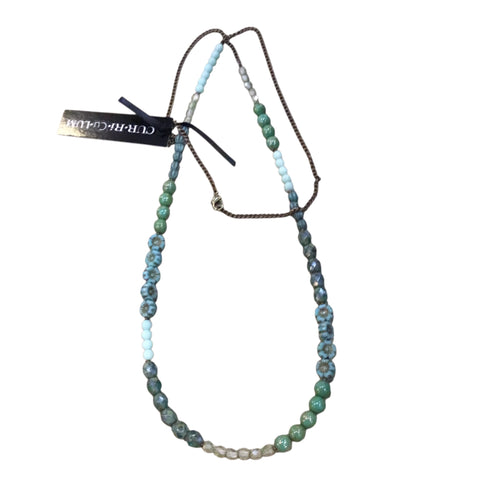 Muted Green With Mini Light Blue Flower Czech Glass Necklace