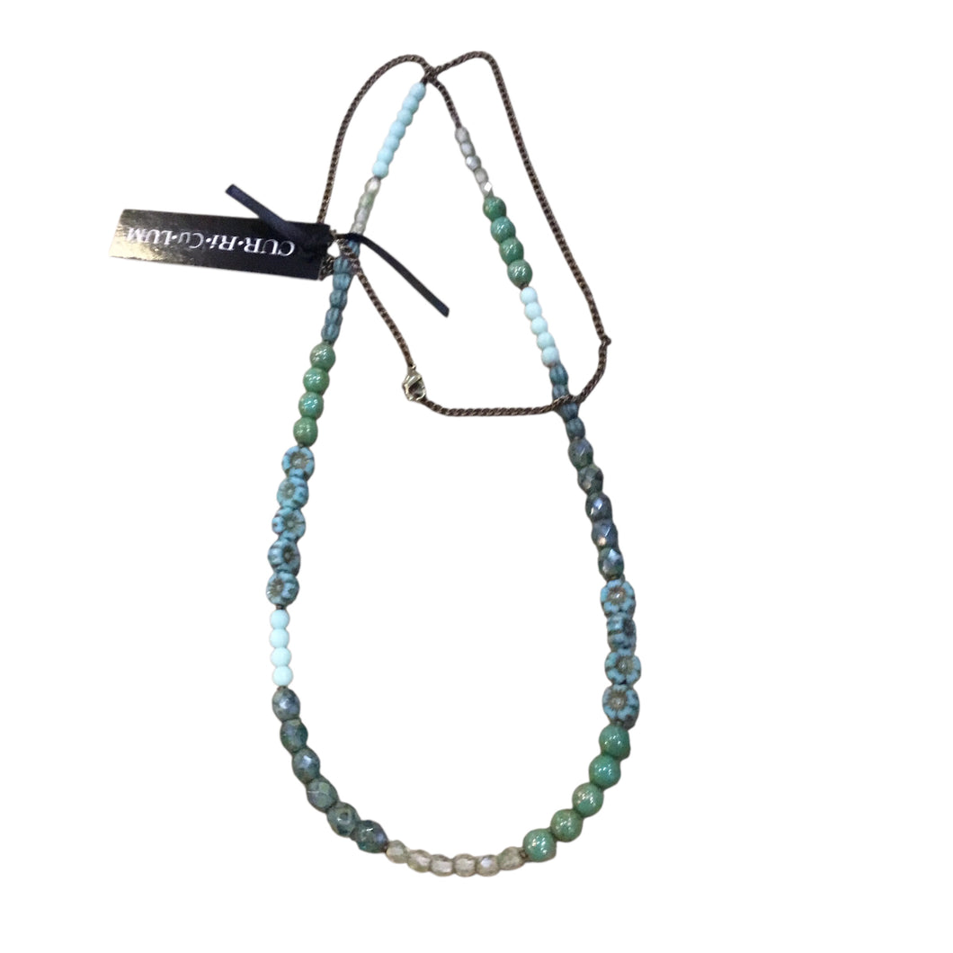 Muted Green With Mini Light Blue Flower Czech Glass Necklace