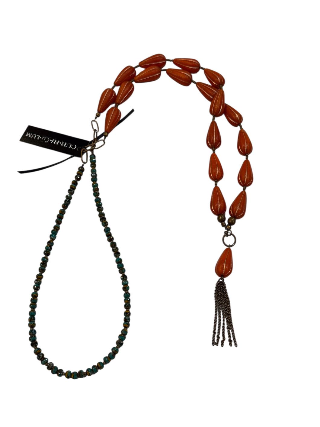 Orange and Gold Drop with Teal Beads in Back and Tassel - 36