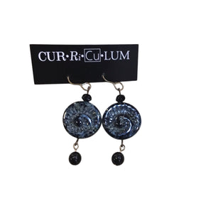 Black Fossil Shell Czech Glass with Black Bead Earrings
