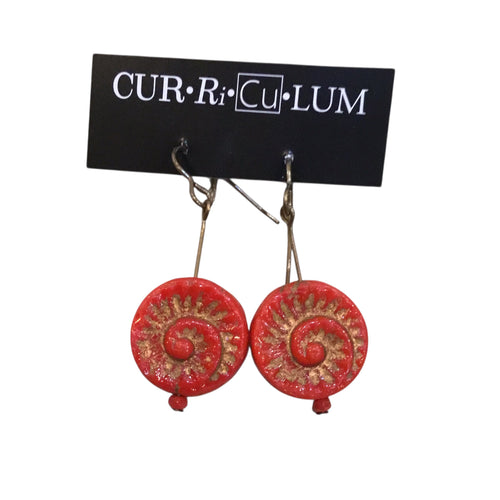 Red Fossil Shell With Gold Czech Glass Earrings