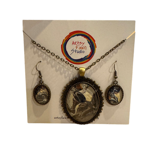 Paint Puddle Glass Necklace & Earring Set--Black& Brown