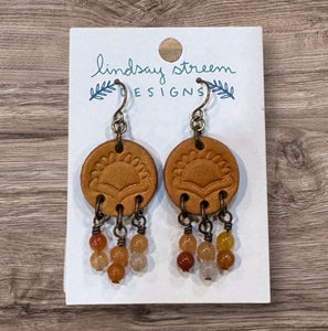 Gold Leather Flower Earrings with Red Aventurine