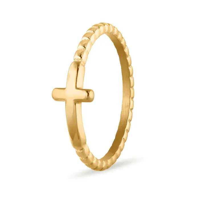 Gold Cross Beaded Stacking Ring