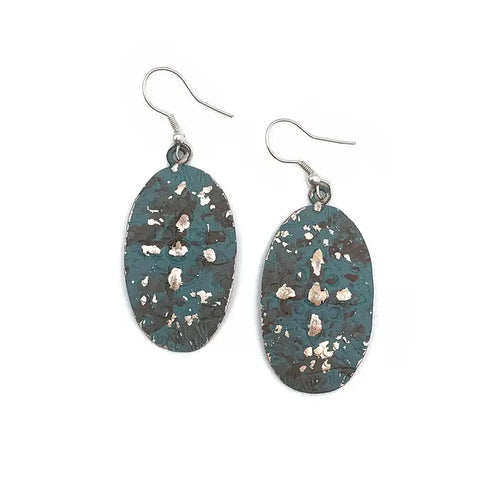 Silver patina earrings-Teal cross oval