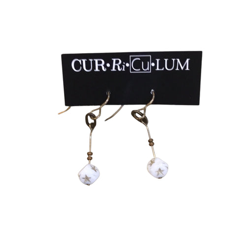 White Cube With Gold Star Czech Glass Earrings