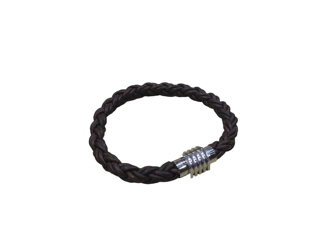 Thick braided leather bracelet with a large stainless steal magnetic clasp/ Natural dark brown